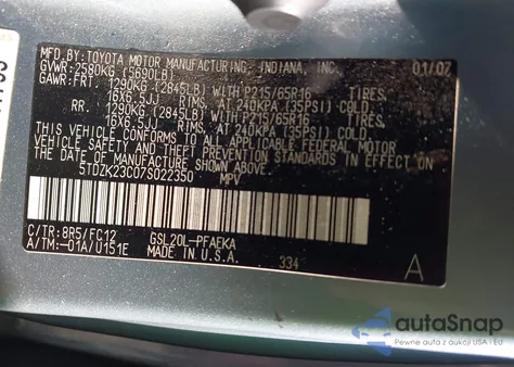 2007 Toyota Sienna Le from USA, damaged, VIN 5TDZK23C07S022350